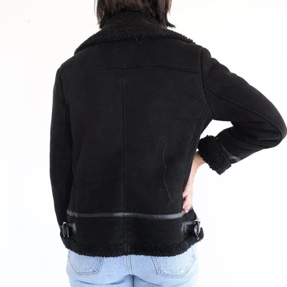 Zara Black Faux Shearling Bomber  Moto Jacket Small - Picture 4 of 16
